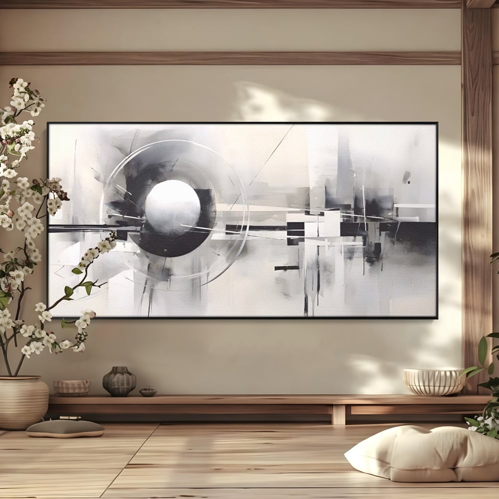 Tablou canvas cu pictura abstracta cu sfera si cercuri, in rama de aluminiu negru